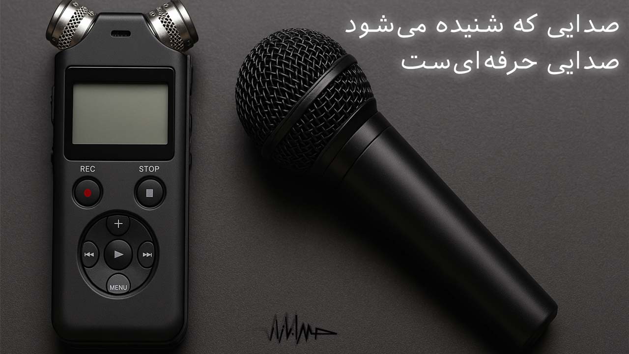 تصویری حرفهای از یک رکوردر صدای دیجیتال و یک میکروفون دستی مخصوص خبرنگاران و گزارشگران ورزشی، قرار گرفته روی سطحی تیره با نورپردازی ملایم که جزئیات دقیق طراحی و کیفیت ساخت این تجهیزات صوتی را به نمایش میگذارد. این تجهیزات نمادی از دقت، کیفیت و حرفهایگری در صدابرداری میدانی و گزارشهای ورزشی هستند.