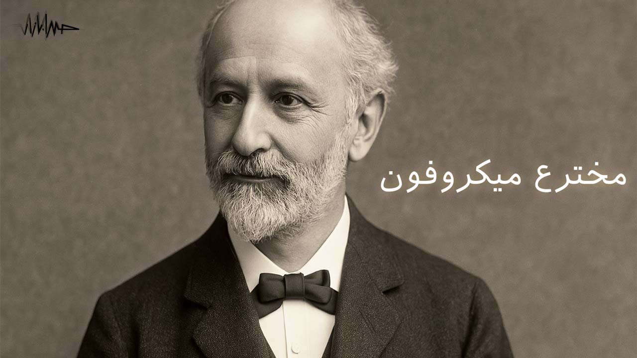 "تصویر پرتره‌ای از امیل برلینر، مخترع میکروفون کربنی، مربوط به اواخر قرن ۱۹ یا اوایل قرن ۲۰. او مردی مسن با ریش و سبیل مرتب، عمدتاً سفید با سایه‌هایی از خاکستری است که لباسی رسمی شامل کت تیره با بافت ظریف و پاپیون به تن دارد. پس‌زمینه تصویر خاکستری و محو است که باعث برجسته شدن جزئیات چهره و لباس او می‌شود."