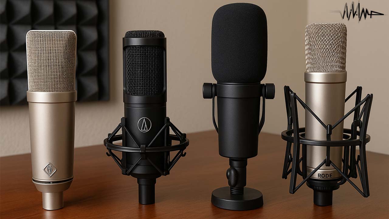 Neumann U87 – در سمت چپ، میکروفونی حرفهای با طراحی کلاسیک و بدنهای فلزی و صیقلی که از آن در استودیوهای حرفهای برای ضبط وکال و ساز استفاده میشود. ظاهر لوکس و پایه شوکمانت، کیفیت بالا را فریاد میزند. Audio-Technica AT2020 – میکروفون دوم، خوشساخت و اقتصادی، انتخابی محبوب برای کاربران خانگی و پادکسترهاست. طراحی ساده و مشکی مات آن حس حرفهای و مینیمال را القا میکند. Shure SM7B – یکی از نمادهای دنیای صدابرداری، مخصوصاً در پادکستها و استودیوهای وکال. ظاهر متمایز با بدنهای تیره و فرمی افقی که در کنار بازوی نگهدارندهاش، هویت خاصی دارد. Rode NT1-A – آخرین میکروفون در تصویر، با رنگ نقرهای و بدنهای براق که نماد وضوح و کمنویز بودن در ضبط صداست. همراه با شوکمانت و پاپفیلتر، انتخابی مطمئن برای وکال خانگی. ترکیب این چهار میکروفون روی سطح چوبی گرم و پسزمینهای از فوم آکوستیک خاکستری، هویت یک هوماستودیوی واقعی را به تصویر کشیده؛ فضایی آرام، متمرکز و کاملاً حرفهای. اگر بخوای، میتونم ترکیبهای دیگهای هم طراحی کنم با نورپردازی متفاوت یا برندهای خاصتر.
