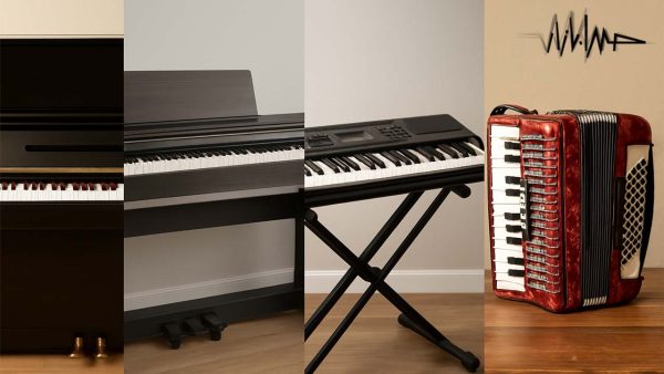 آکادمی صدابازار 23 پیانو دیواری (Upright Piano) – در سمت چپ تصویر، یک پیانو آکوستیک کلاسیک با ظاهر چوبی و طراحی عمودی قرار دارد که نمایانگر سازهای سنتی و رسمی است. پیانو دیجیتال (Digital Piano) – در کنار آن، پیانویی با ظاهر مدرن و سادهتر دیده میشود که نشان از تکنولوژی بالا و قابلیتهای دیجیتالی آن دارد، مناسب برای تمرین در خانه یا استودیو. کیبورد الکترونیکی (Electronic Keyboard) – ساز سوم، یک کیبورد سبک و قابل حمل است که معمولاً برای آموزش یا اجرای سبکهای متنوع موسیقی استفاده میشود. دارای دکمههای کنترلی و تنوع صدایی بالاست. آکاردئون (Accordion) – این ساز با ظاهر قرمز و خاص خود در کنار دیگر سازها خودنمایی میکند. ساز بادی کلاویهداری که بیشتر در موسیقی فولک و محلی کاربرد دارد. ملودیکا (Melodica) – در گوشه تصویر، ملودیکای آبیرنگ کوچکی دیده میشود که با دمیدن هوا و فشردن کلاویهها صدا تولید میکند. ساز آموزشی و قابل حمل، مخصوصاً برای کودکان یا نوازندگان خیابانی.