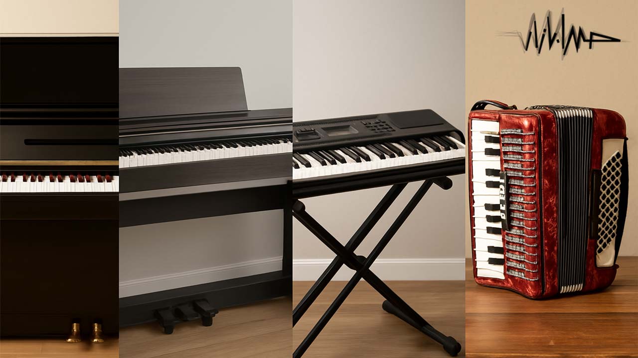 پیانو دیواری (Upright Piano) – در سمت چپ تصویر، یک پیانو آکوستیک کلاسیک با ظاهر چوبی و طراحی عمودی قرار دارد که نمایانگر سازهای سنتی و رسمی است. پیانو دیجیتال (Digital Piano) – در کنار آن، پیانویی با ظاهر مدرن و ساده‌تر دیده می‌شود که نشان از تکنولوژی بالا و قابلیت‌های دیجیتالی آن دارد، مناسب برای تمرین در خانه یا استودیو. کیبورد الکترونیکی (Electronic Keyboard) – ساز سوم، یک کیبورد سبک و قابل حمل است که معمولاً برای آموزش یا اجرای سبک‌های متنوع موسیقی استفاده می‌شود. دارای دکمه‌های کنترلی و تنوع صدایی بالاست. آکاردئون (Accordion) – این ساز با ظاهر قرمز و خاص خود در کنار دیگر سازها خودنمایی می‌کند. ساز بادی کلاویه‌داری که بیشتر در موسیقی فولک و محلی کاربرد دارد. ملودیکا (Melodica) – در گوشه تصویر، ملودیکای آبی‌رنگ کوچکی دیده می‌شود که با دمیدن هوا و فشردن کلاویه‌ها صدا تولید می‌کند. ساز آموزشی و قابل حمل، مخصوصاً برای کودکان یا نوازندگان خیابانی.