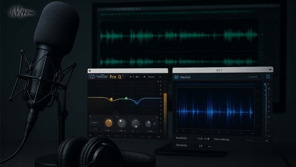 نمودار زنجیره پردازشی با پلاگین‌های RX7 و FabFilter در یک محیط DAW، شامل مراحل حذف نویز، EQ، کمپرسور و لیمیتر برای تولید صدای شفاف و حرفه‌ای پادکست.