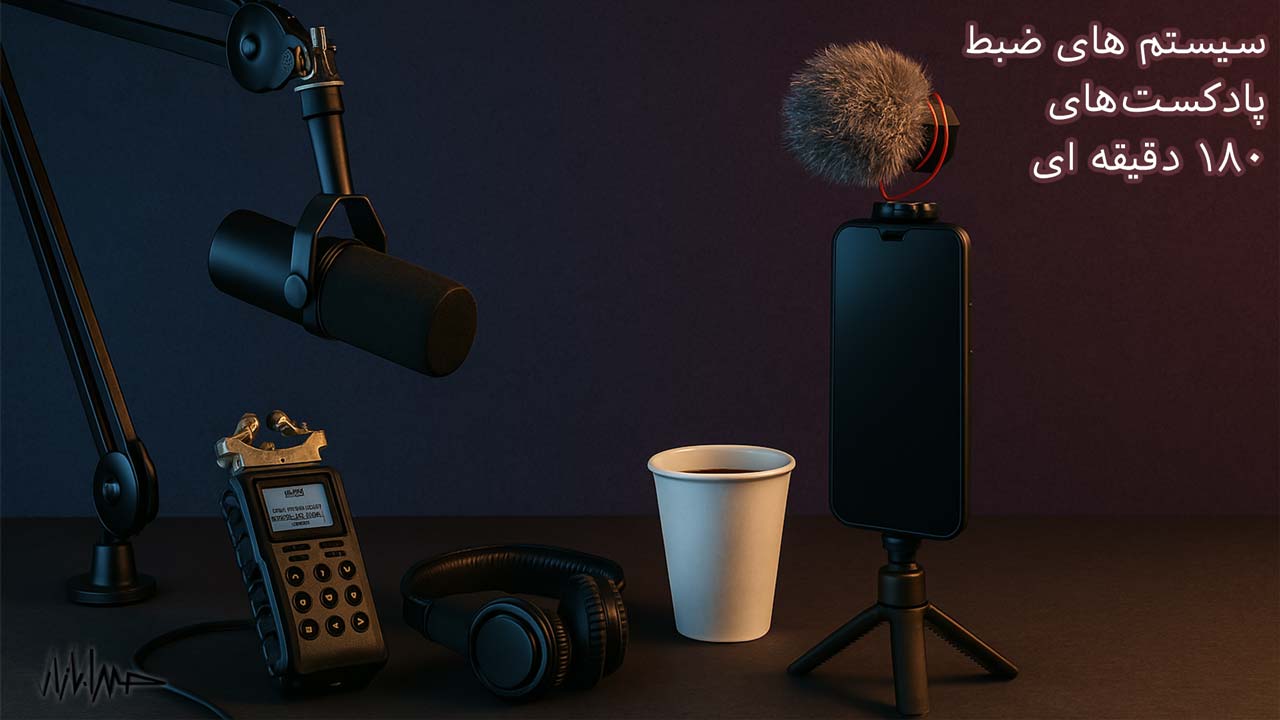 تصویری با کیفیت بالا که دو ستاپ ضبط پادکست را مقایسه می‌کند. سمت چپ: میکروفون استودیویی حرفه‌ای روی بوم به‌همراه رکوردر و هدفون در نور آبی و سرد. سمت راست: گوشی موبایل روی سه‌پایه با میکروفون شات‌گان و فنجان قهوه در نور گرم و بنفش. تصویر بدون متن است و تضاد نوری، تفاوت بین کیفیت حرفه‌ای و سادگی استفاده را به‌زیبایی نمایش می‌دهد.