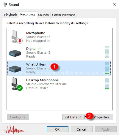 راه حل سریع برای رفع قطعی صدای میکروفون ویندوز 10 و 11 5 به زبانه Recording بروید، میکروفون خود را انتخاب کنید و روی Properties کلیک کنید.